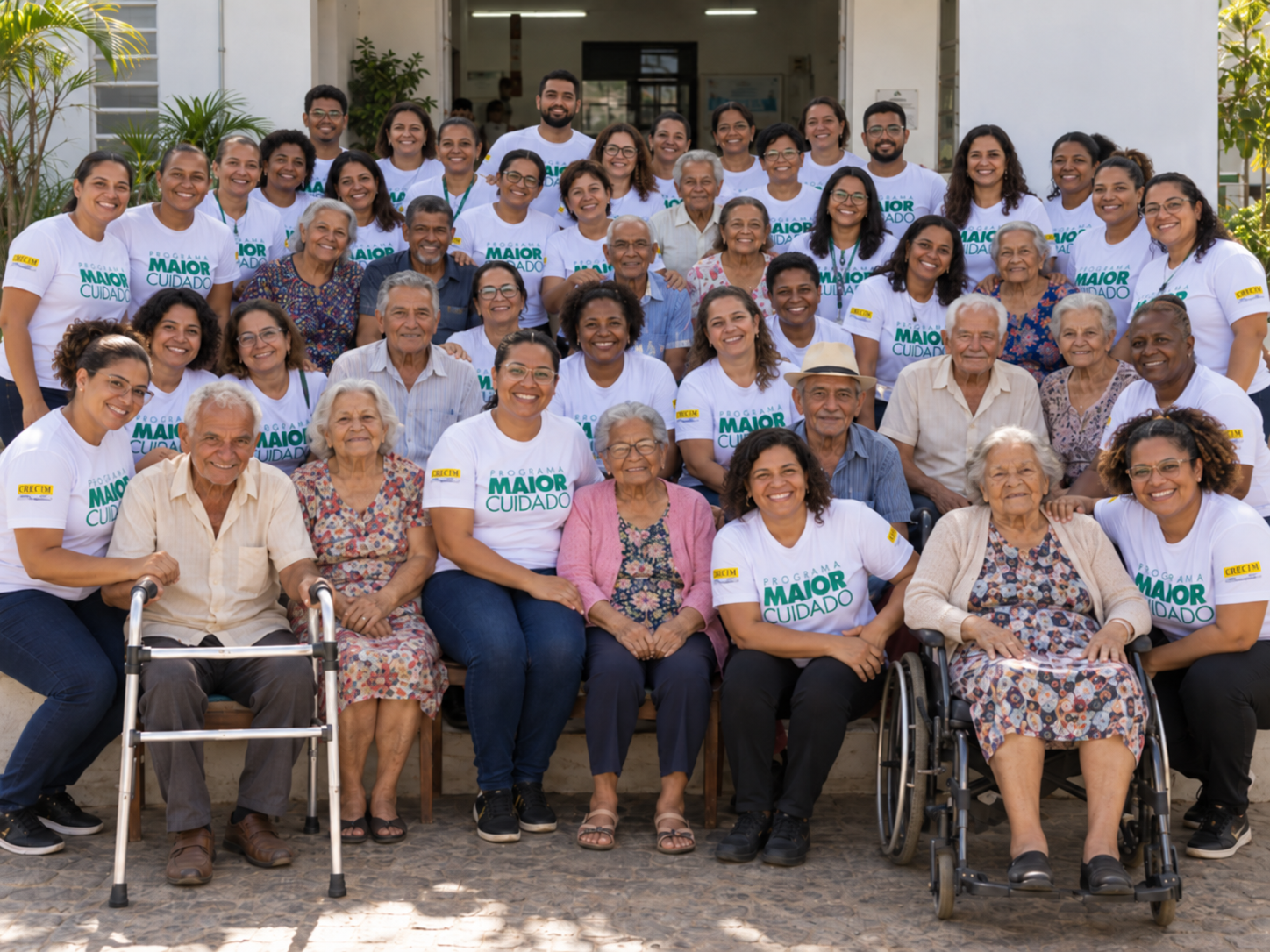 Grande grupo reunido ao ar livre, formado por integrantes da equipe do Programa Maior Cuidado, vestindo camisetas do programa, e por pessoas idosas participantes, todos sorrindo