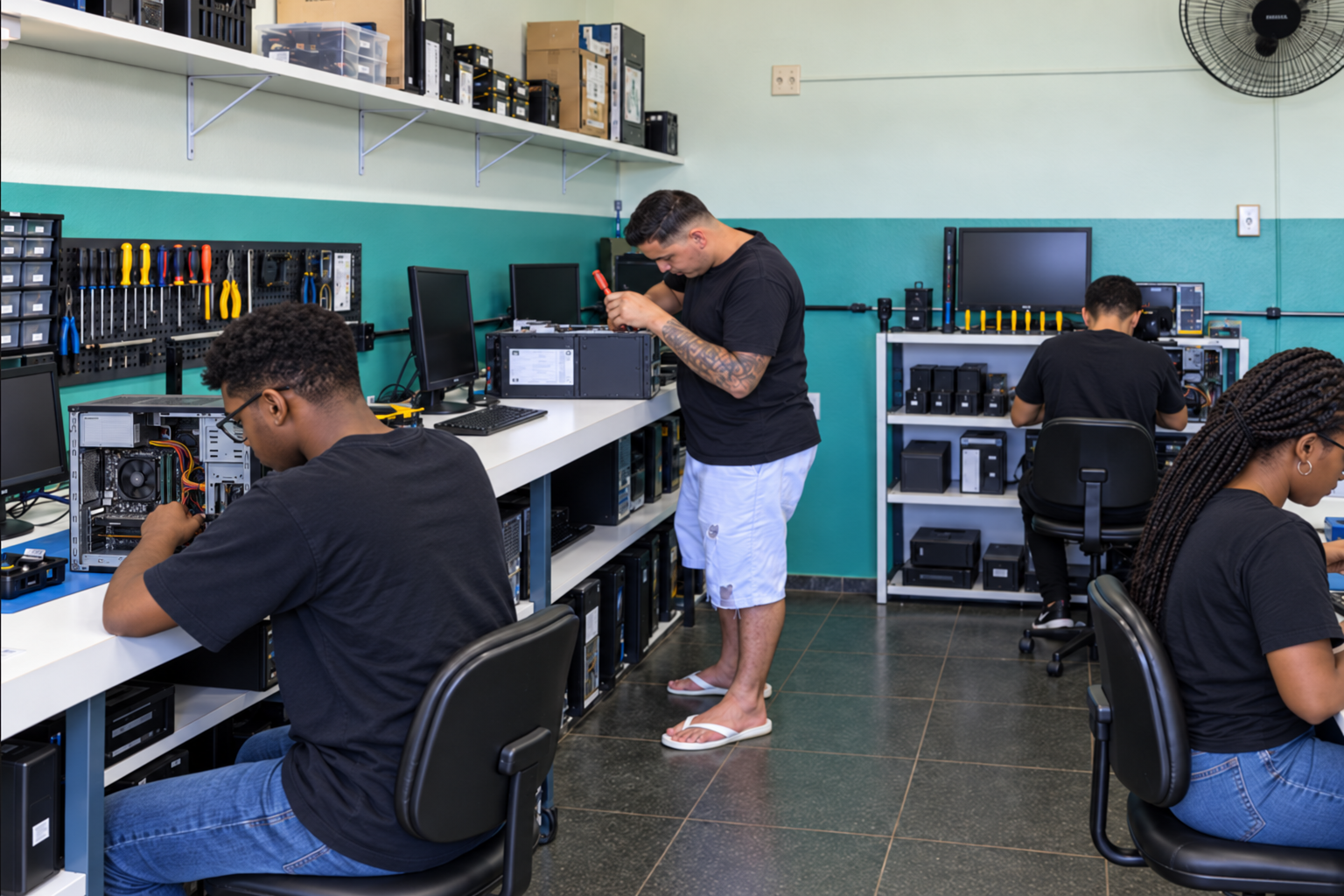 Alunos do curso de informática do Programa de Qualificação Profissional montando e reparando computadores em bancadas de trabalho