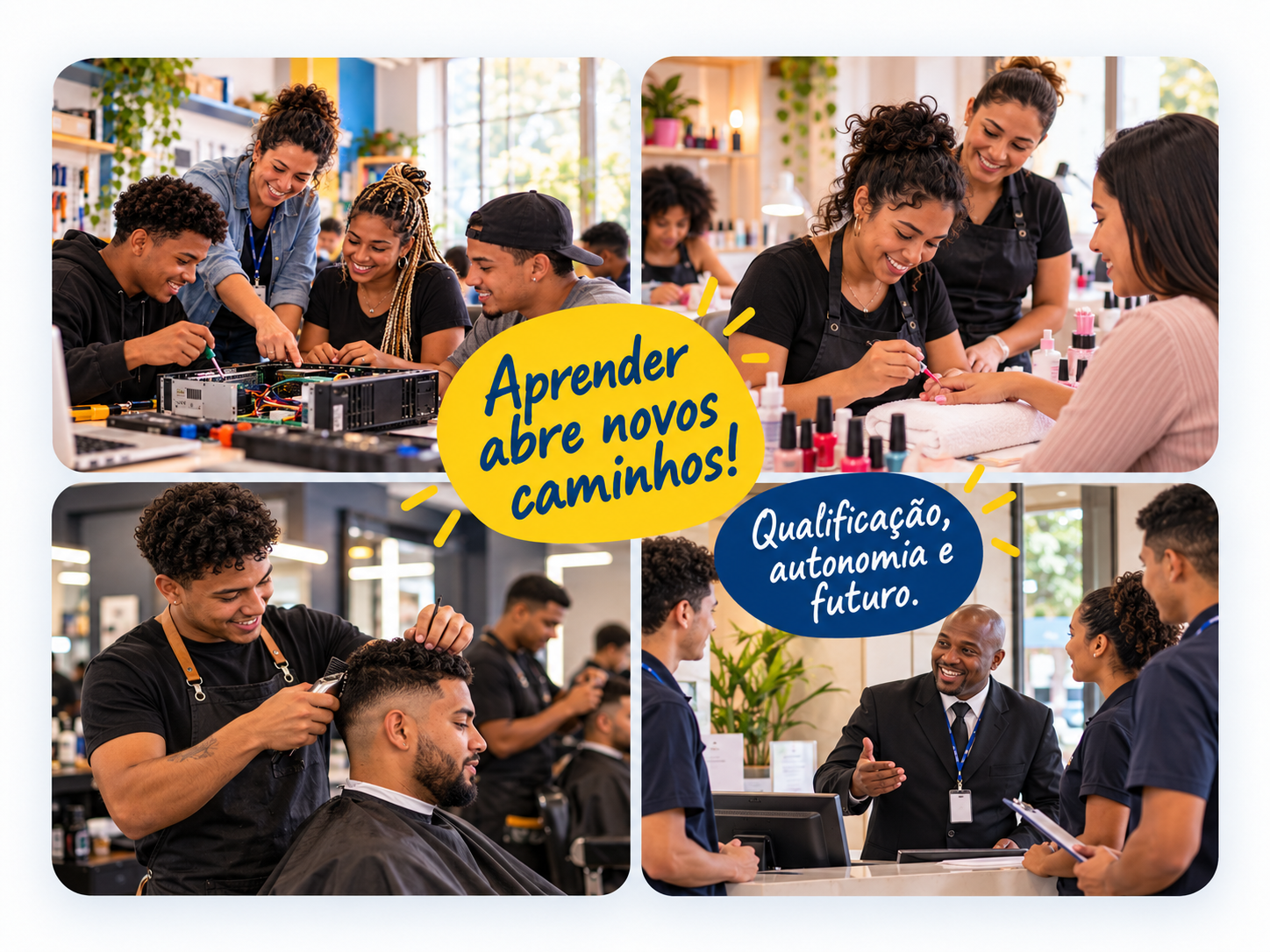 Cursos de qualificação profissional do GDECOM nas áreas de informática, manicure, barbearia e portaria.