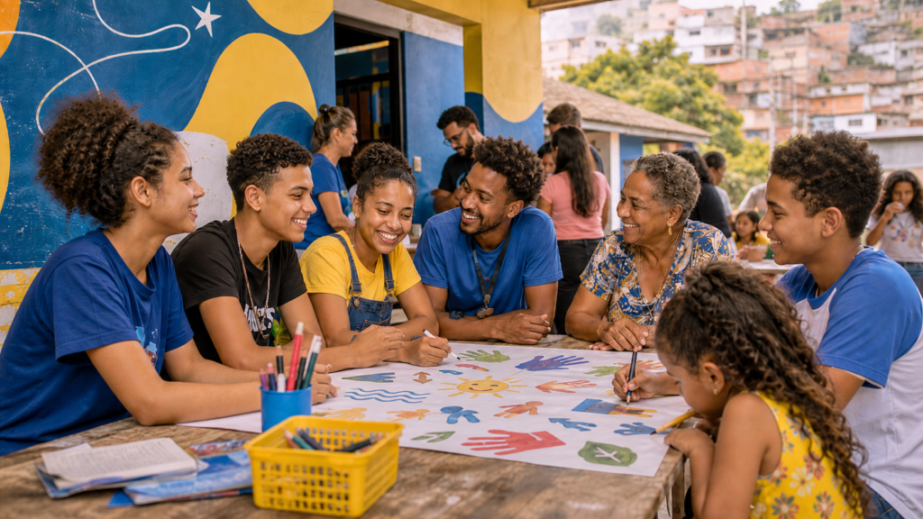 Grupo de pessoas de diferentes idades reunido ao redor de uma mesa ao ar livre, participando de uma atividade coletiva de desenho com tinta, em frente a um mural azul e amarelo com estrela e lua, com casas de um bairro ao fundo