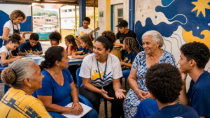 Ilustração representando parcerias e projetos com impacto social do GDECOM