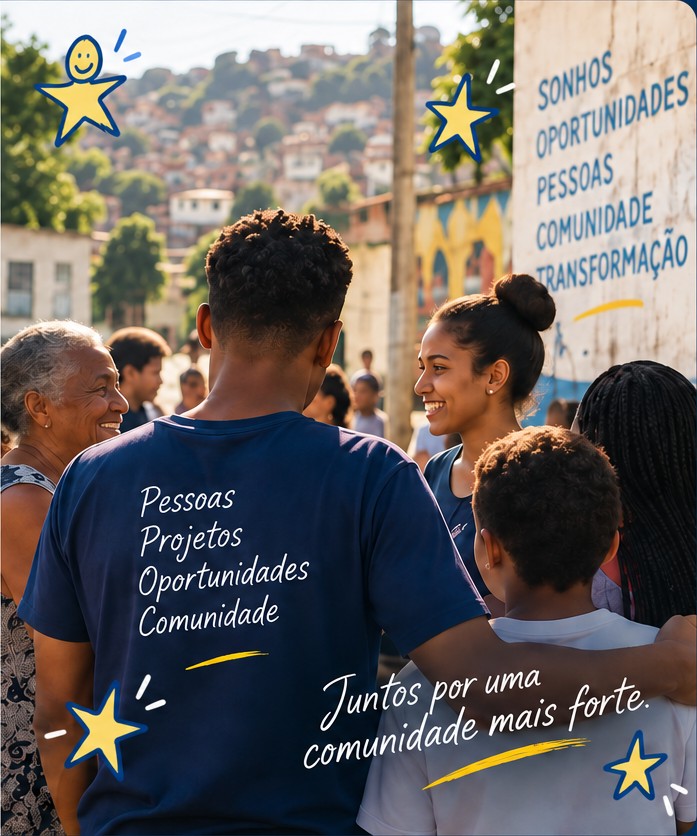 Família e comunidade reunidas em rua com mural sobre sonhos, oportunidades e transformação