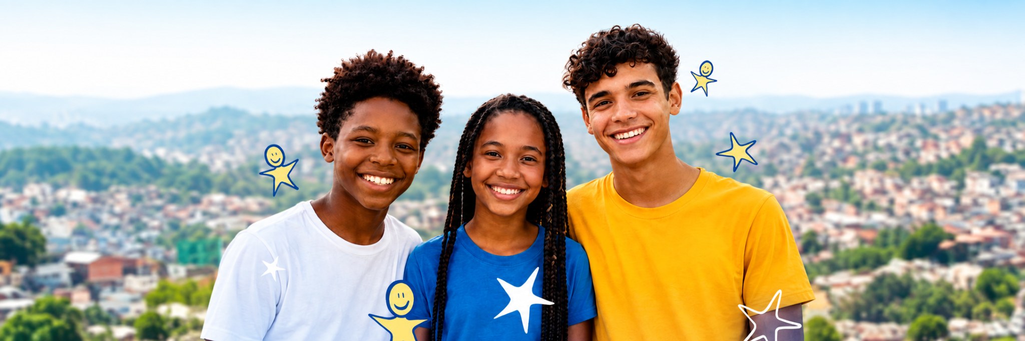 Três jovens sorrindo, com ilustrações de estrelas ao fundo
