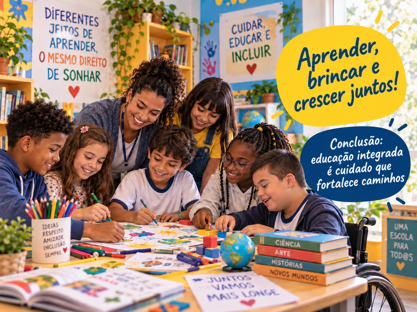 Ilustração de educadora e crianças reunidas em mesa de atividades, com cartazes sobre inclusão e frases 'Aprender, brincar e crescer juntos!' e 'Conclusão: educação integrada é cuidado que fortalece caminhos'