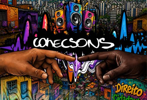 Ilustração artística do projeto CONECSONS-CRJ, com grafite colorido, caixas de som e duas mãos se tocando sobre um fundo de prédios